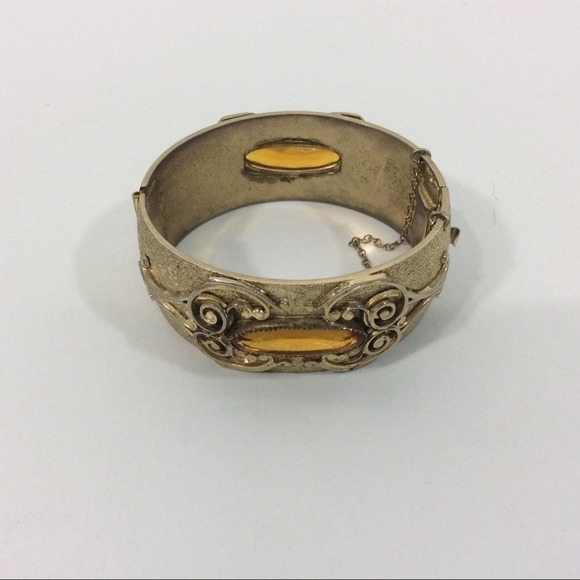 Vintage Whiting And Davis Bangle Bracelet Topaz Stones Safety Chain Art Nouveau - Picture 1 of 8